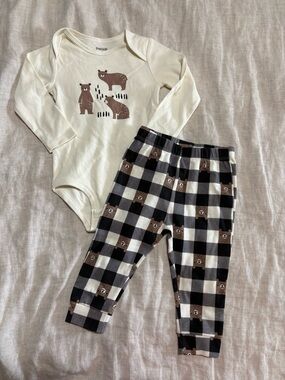 12 month Pekkle Cream Bear Graphic Pajama Set with Black & Brown Plaid Pants